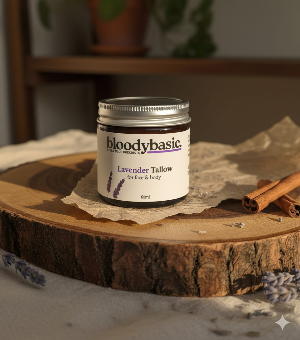 Jar of Bloody Basic Lavender Tallow on a wooden surface with cinnamon sticks and lavender flowers.