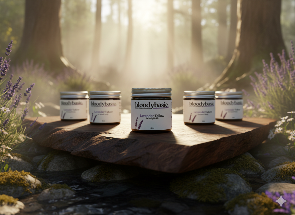 Five 'bloodybasic' jars on a wooden platform with a forest background
