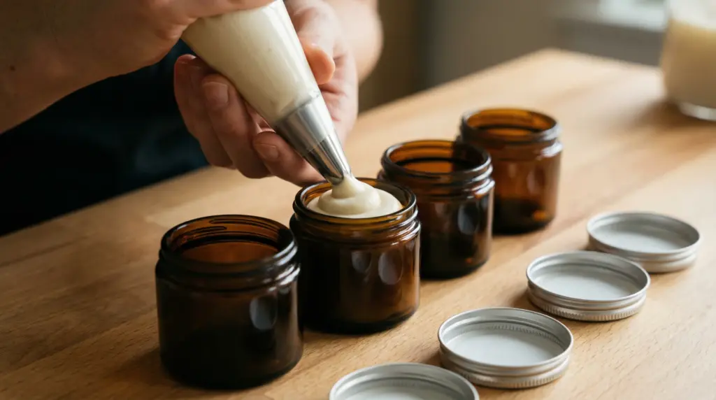 Hands filling amber glass jars with Bloody Basic tallow balm