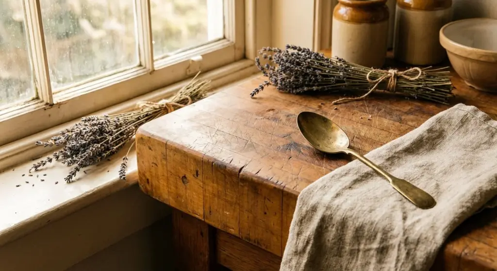 Rustic farmhouse workbench with dried lavender and vintage jars in natural light
