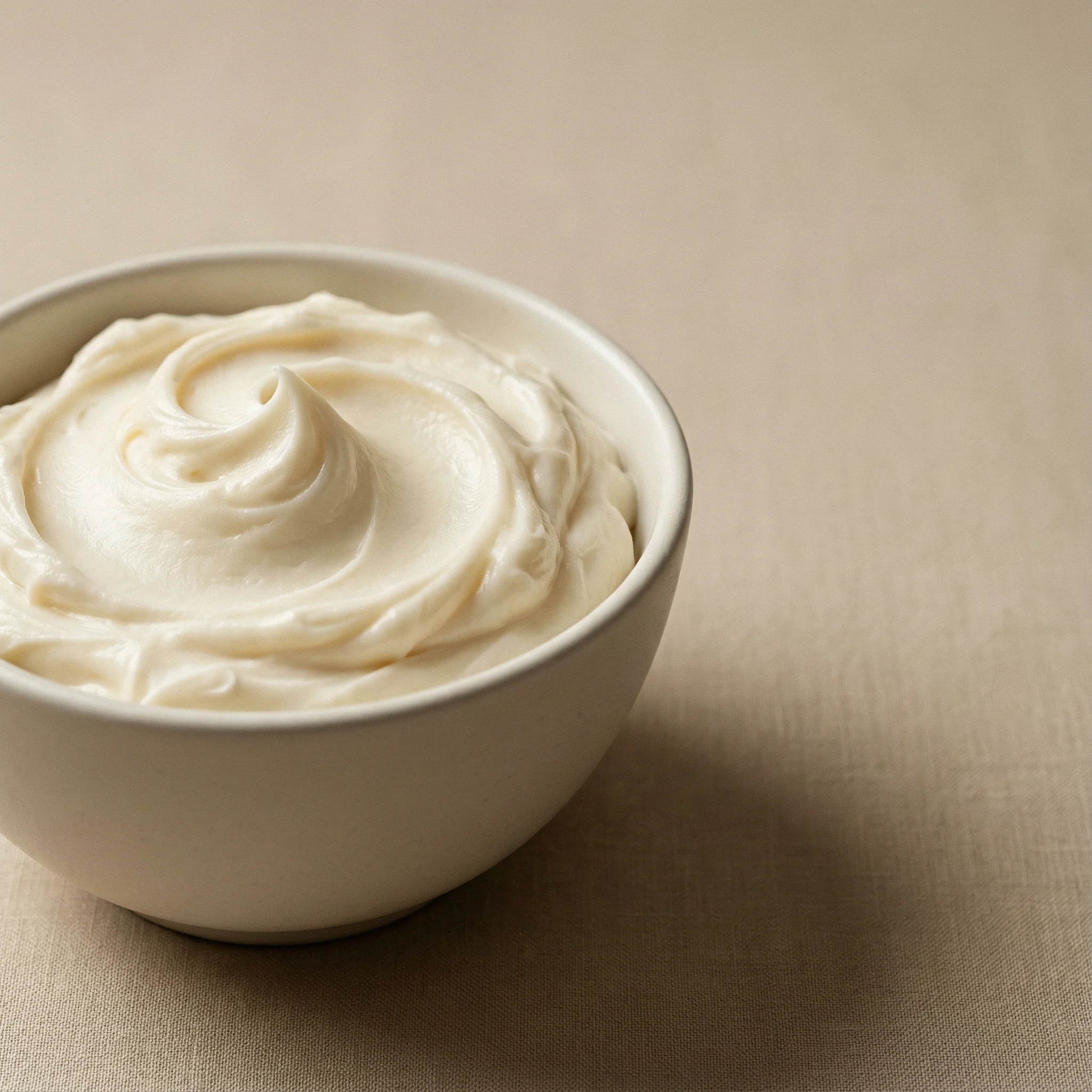 Whipped tallow balm in a white bowl on natural fabric