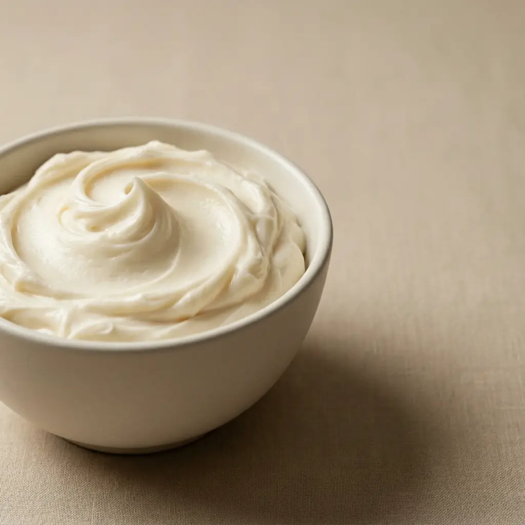 Whipped tallow balm in a white bowl on natural fabric