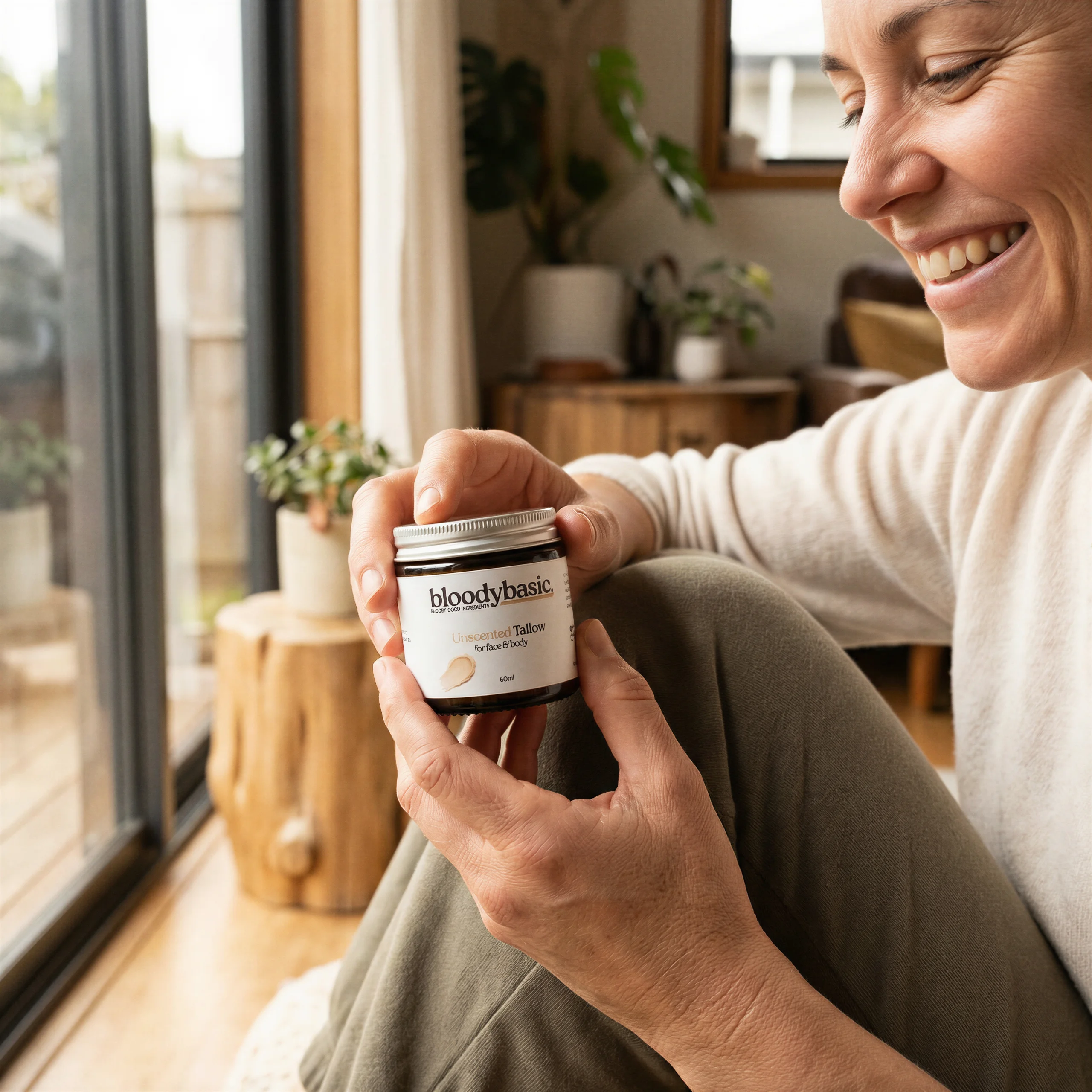 Customer holding Bloody Basic Unscented Tallow Balm 60ml jar at home